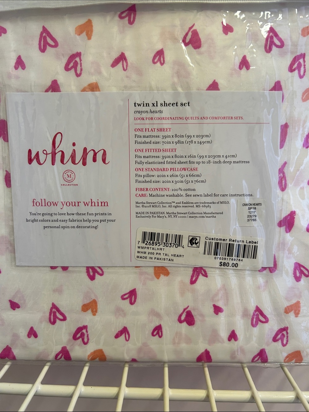 Martha Stewart Pink and Orange Heart Print Twin XL Sheet Set - Picture 2 of 2